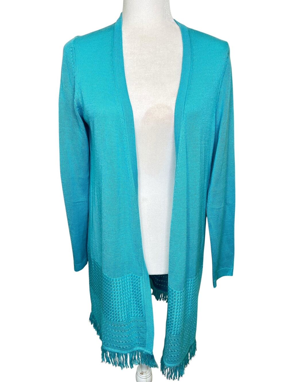 Talbots Teal Blue Textured Fringe Hem Open Front Long Sleeve Cardigan